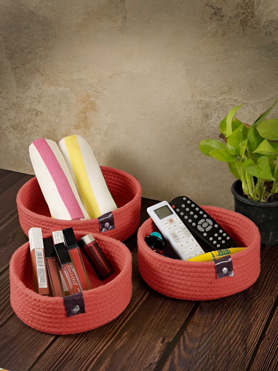 

FABINALIV Set of 3 Orange Solid Cotton Multi Purpose Organisers