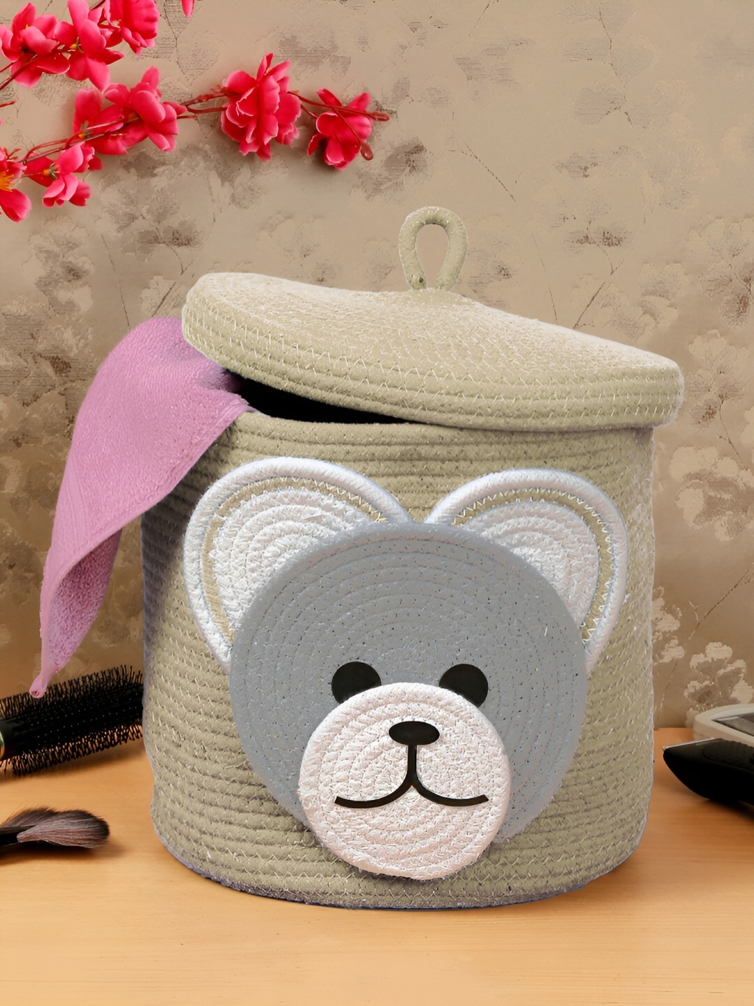 

FABINALIV Beige & Grey Cartoon Design Cotton Multi Purpose Organiser With Lid