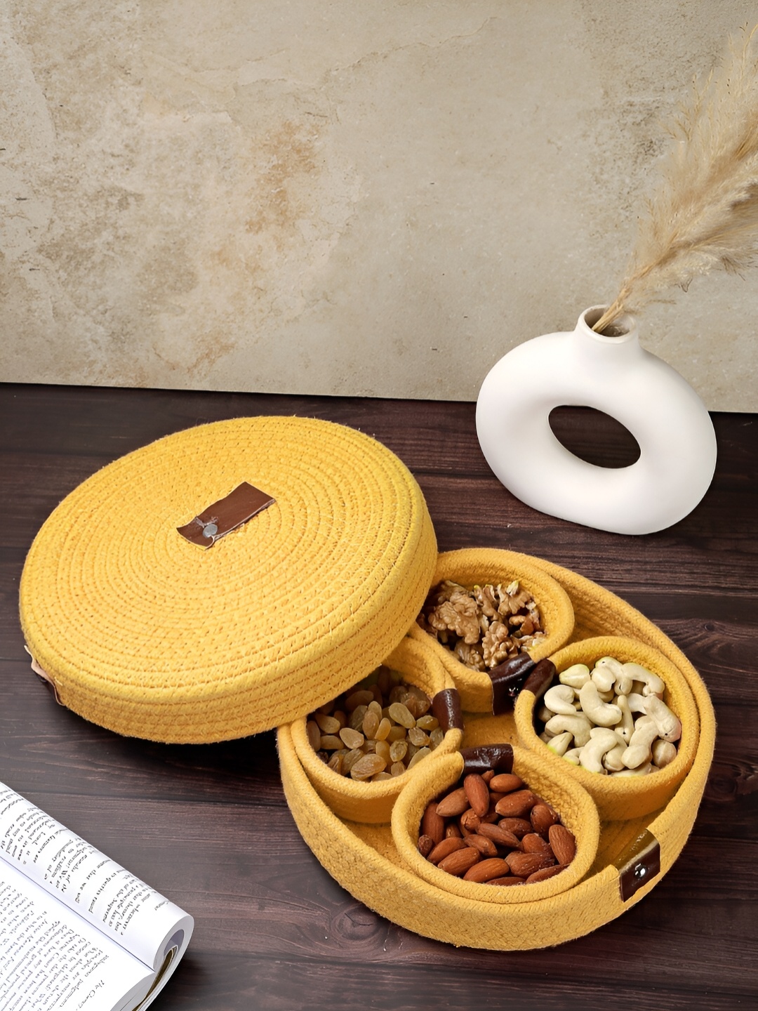 

FABINALIV Yellow Solid Design Cotton Multi Purpose Organiser with Lid