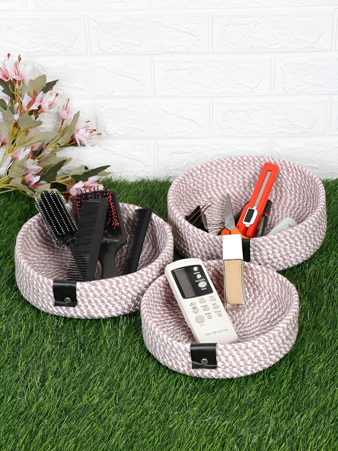 

FABINALIV Set of 3 Peach & White Striped Cotton Multi-Purpose Organisers
