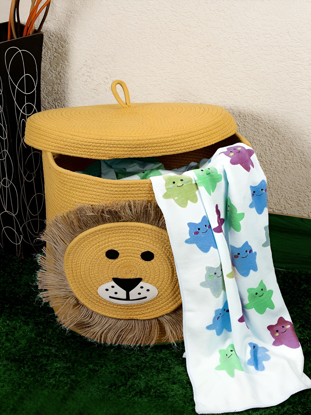 

FABINALIV Yellow & Black Cartoon Design Cotton Multi Purpose Organiser with Lid