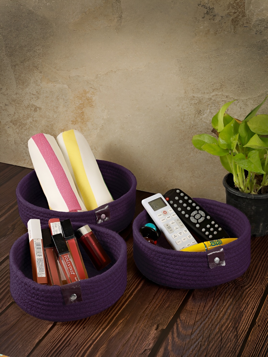 

FABINALIV Set of 3 Purple Solid Cotton Multi Purpose Organisers