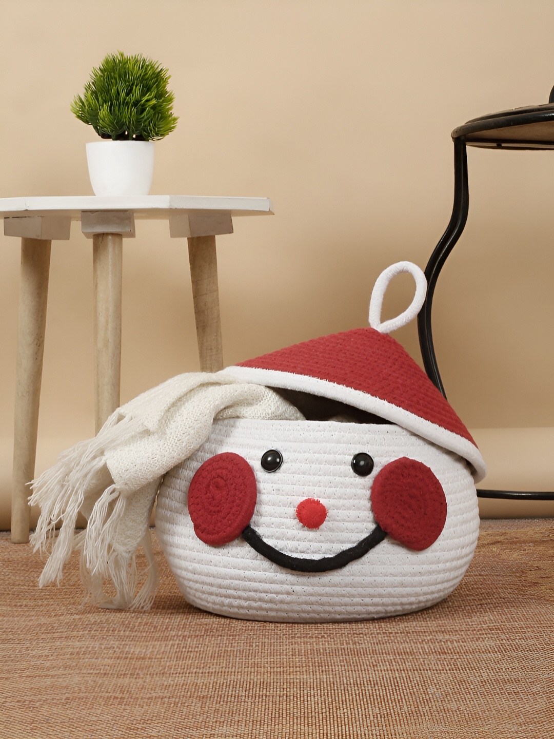 

FABINALIV Red & White Cartoon Design Cotton Multi Purpose Organiser With Lid