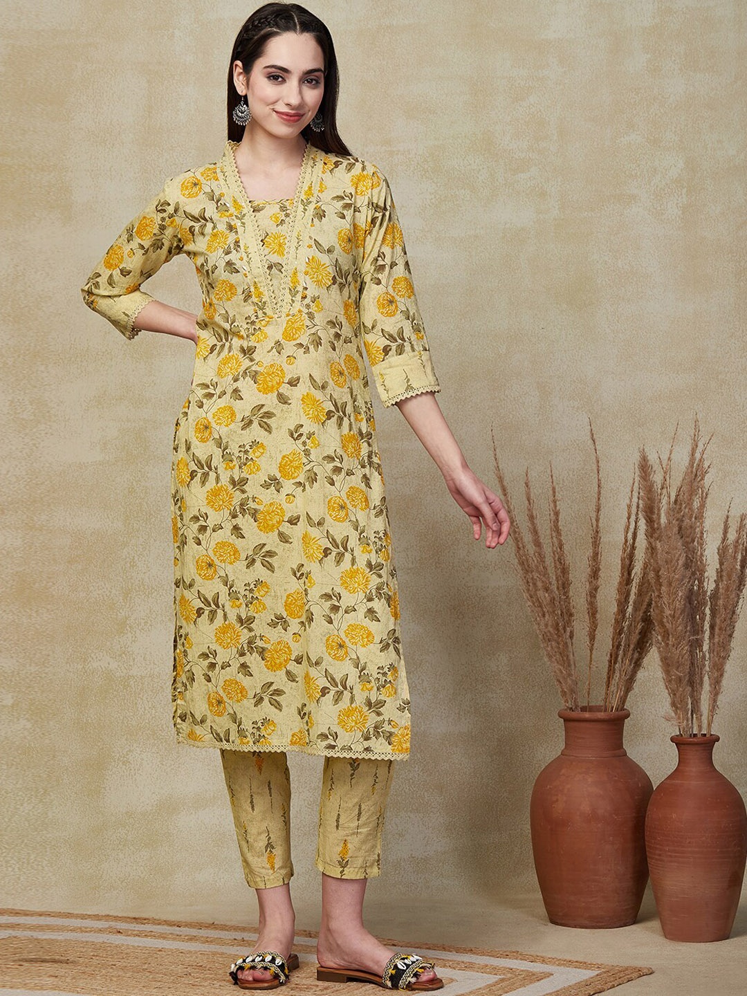 

FASHOR Square Neck Floral Printed Pure Cotton Straight Kurta with Trouser, Yellow