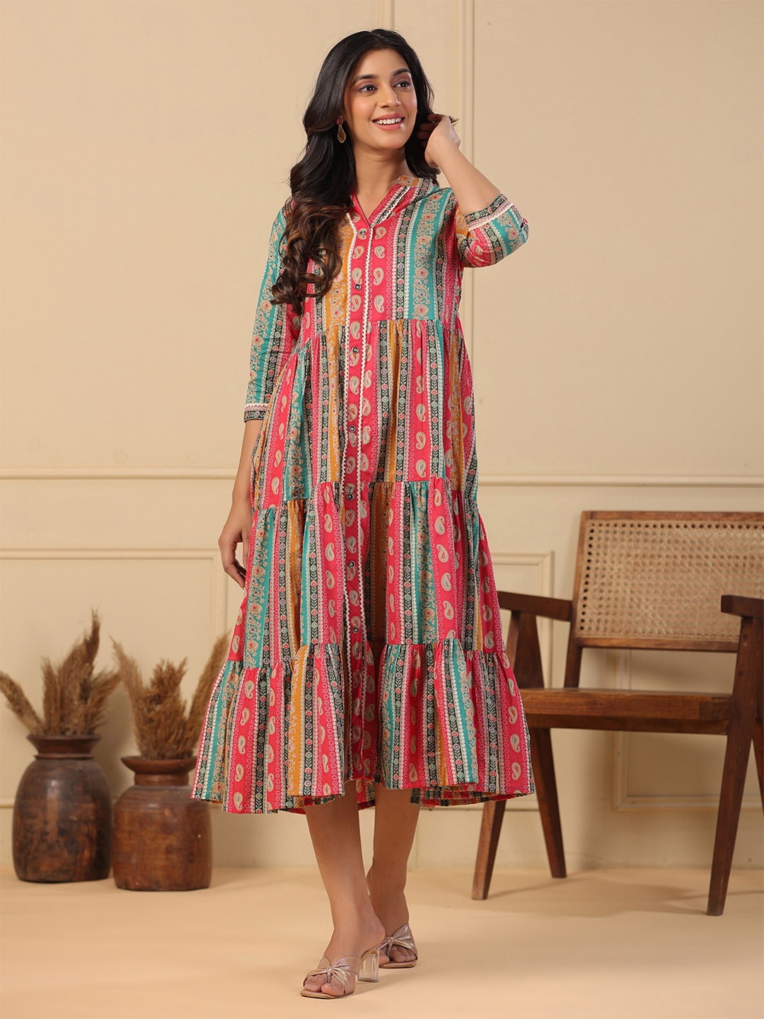 

FASHOR Ethnic Motifs Printed Cotton Tiered Fit & Flare Midi Ethnic Dress, Blue