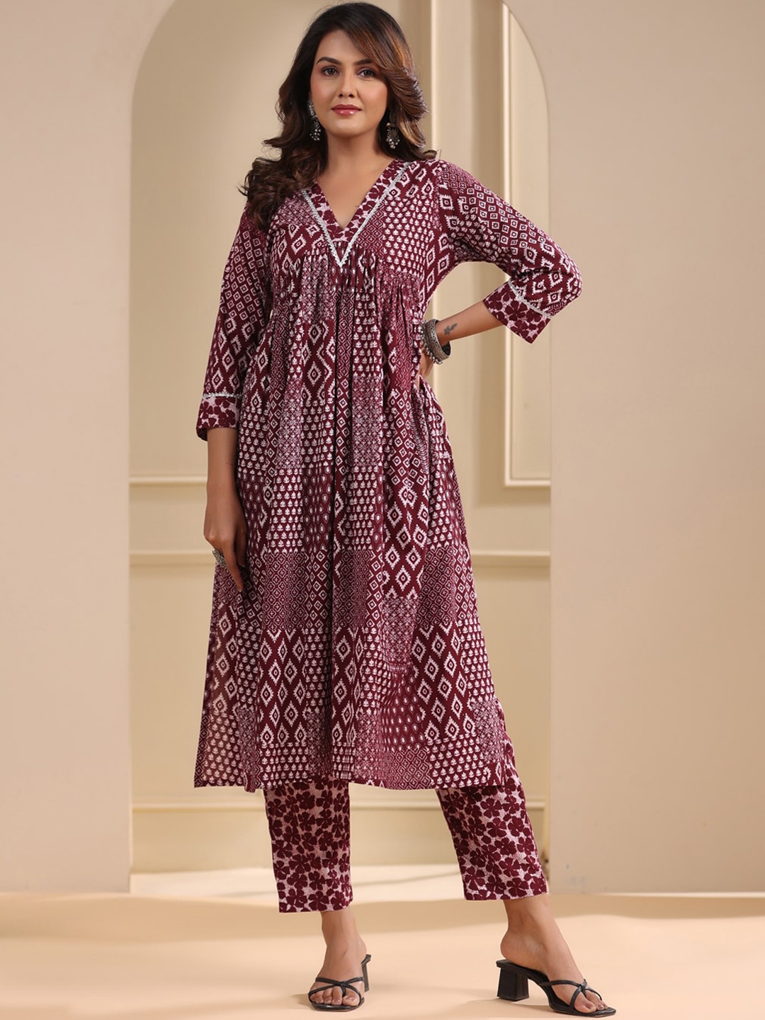 

FASHOR Ethnic Motifs Printed Pleated Pure Cotton Kurta with Trousers, Maroon