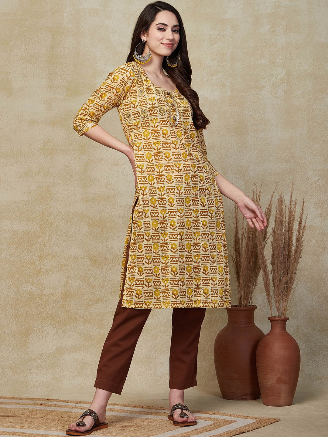 

FASHOR Ethnic Motifs Printed Cotton Sequinned Straight Kurta, Mustard