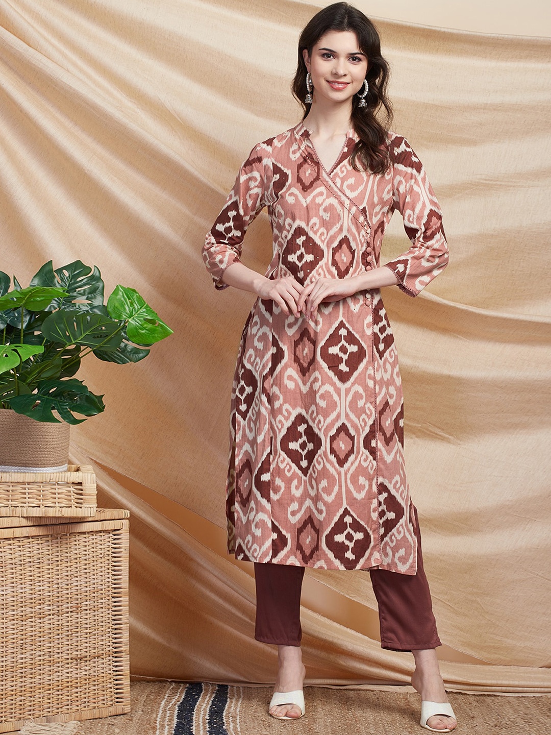 

FASHOR Ethnic Motifs Printed Sequinned Cotton Angrakha Kurta, Rose