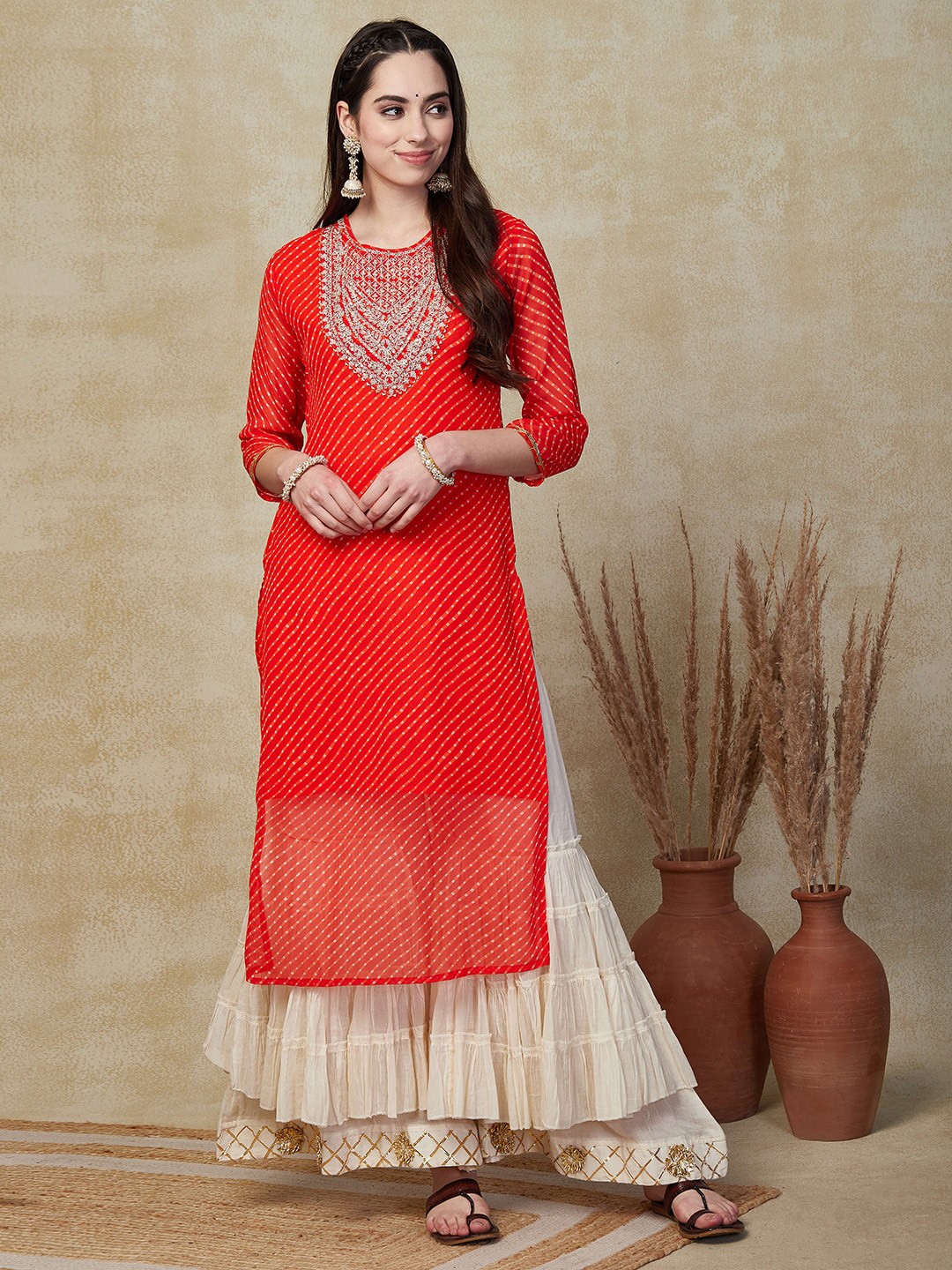

FASHOR Leheriya Printed Sequinned Georgette Kurta, Orange