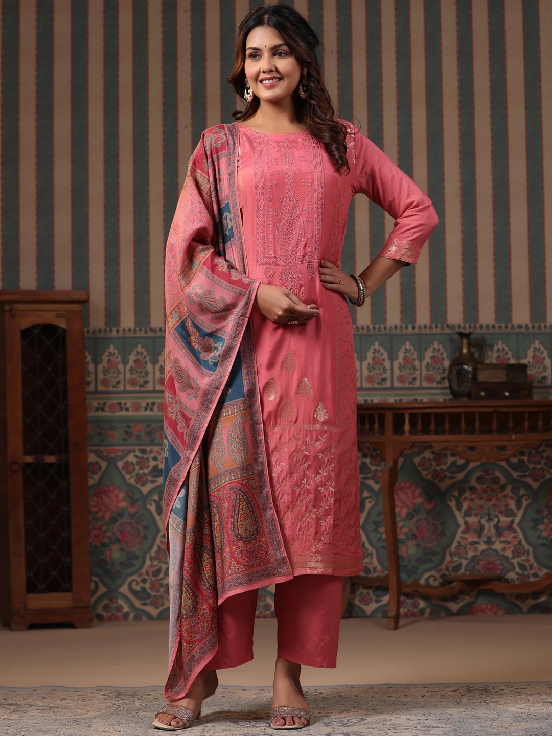 

FASHOR Round Neck Floral Embroidered Straight Kurta with Trouser & Dupatta, Pink