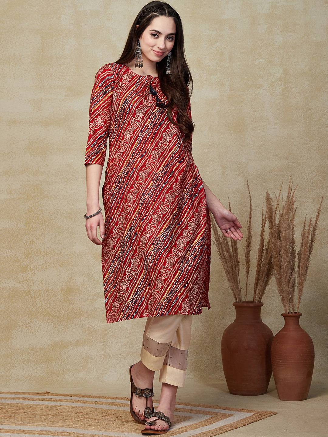 

FASHOR Bandhani Printed Straight Cotton Kurta, Red