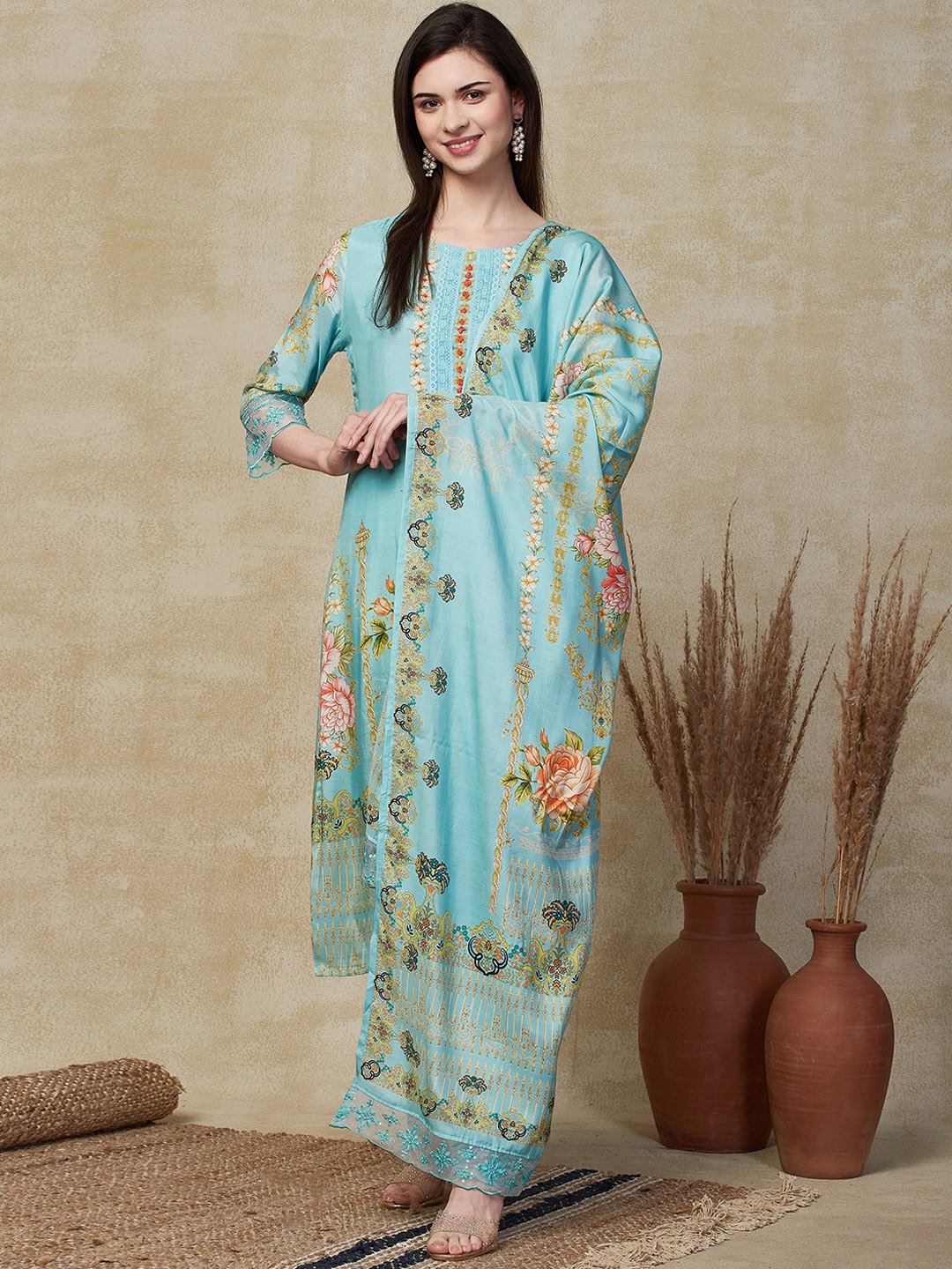 

FASHOR Round Neck Floral Printed Straight Kurta with Trouser & Dupatta, Turquoise blue