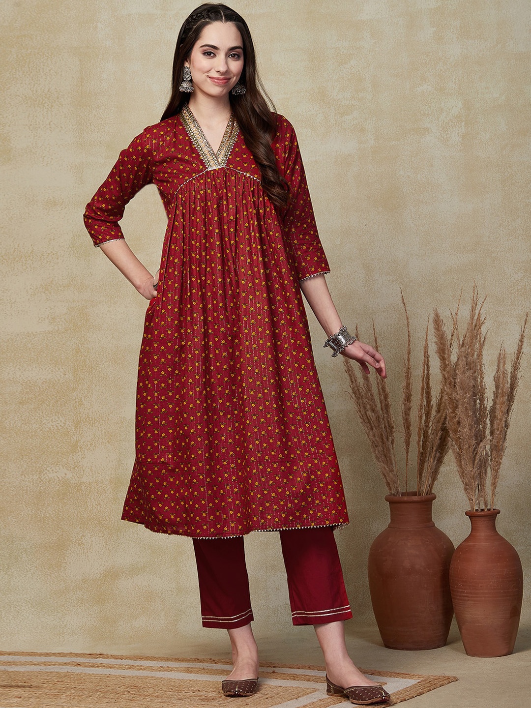 

FASHOR Rust Floral Printed Pleated Pure Cotton A-Line Kurta With Trousers