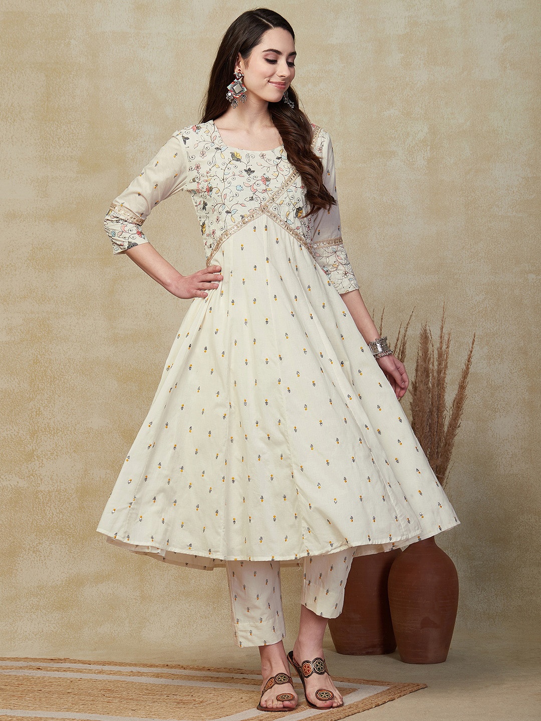 

FASHOR Round Neck Floral Sequinned Embroidered Pure Cotton A Line Kurta with Trouser, Off white