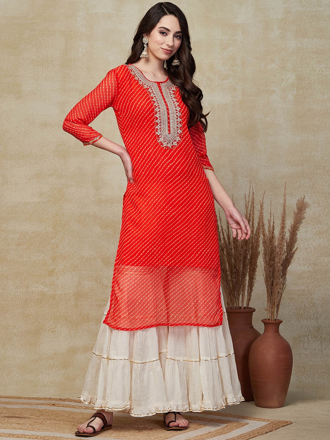 

FASHOR Leheriya Printed Thread Work Georgette Straight Kurta, Orange