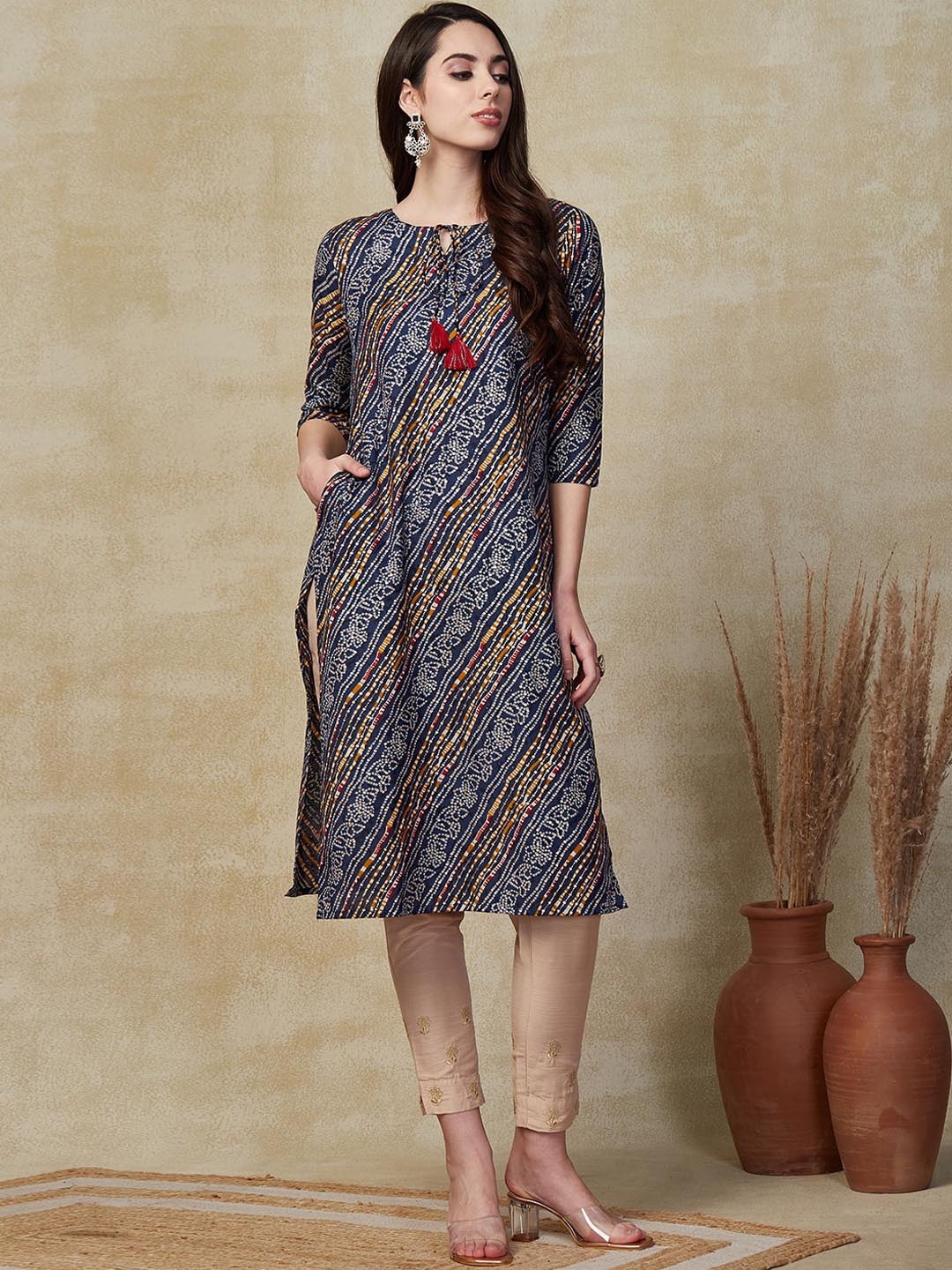 

FASHOR Bandhani Printed Straight Cotton Kurta, Blue
