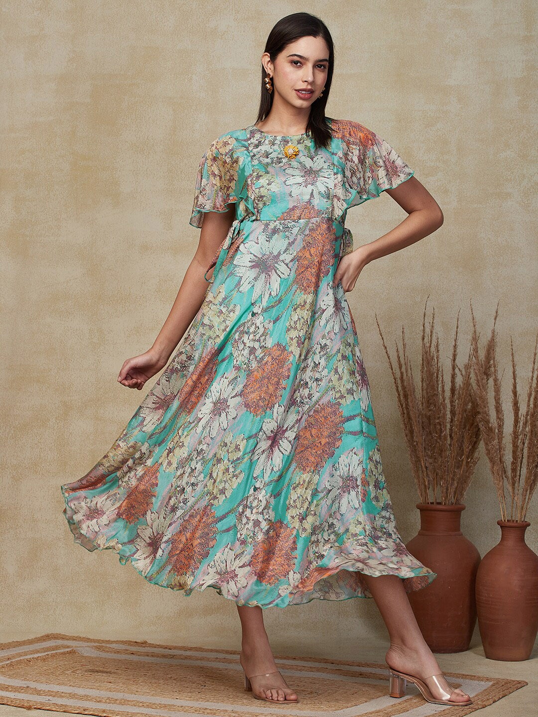 

FASHOR Floral Printed Crepe Flared Sleeves Tie Up Maxi Dress, Turquoise blue