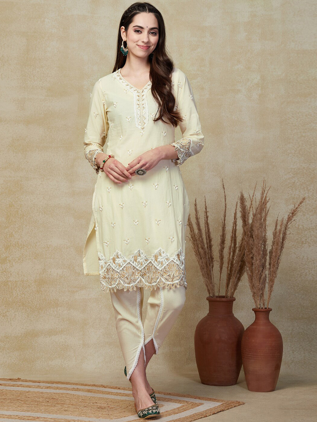 

FASHOR Floral Embroidered V-Neck Pure Cotton Straight Kurta with Dhoti Pants, Cream