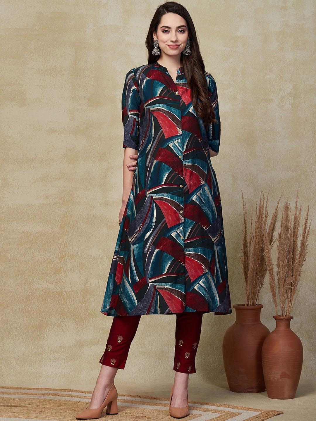 

FASHOR Blue Geometric Printed Mandarin Collar A-Line Kurta