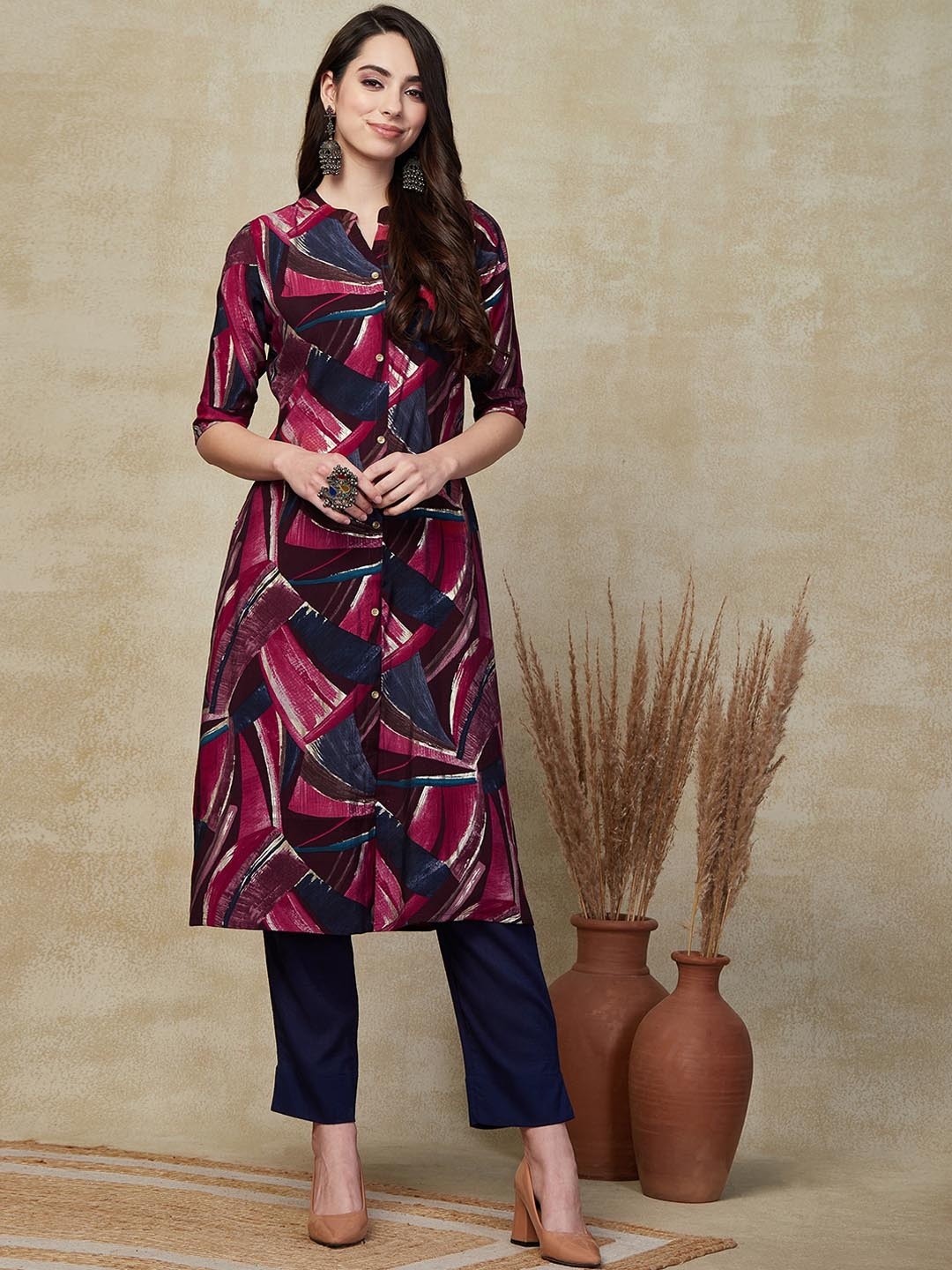 

FASHOR Abstract Printed Mandarin Collar A-Line Kurta, Pink