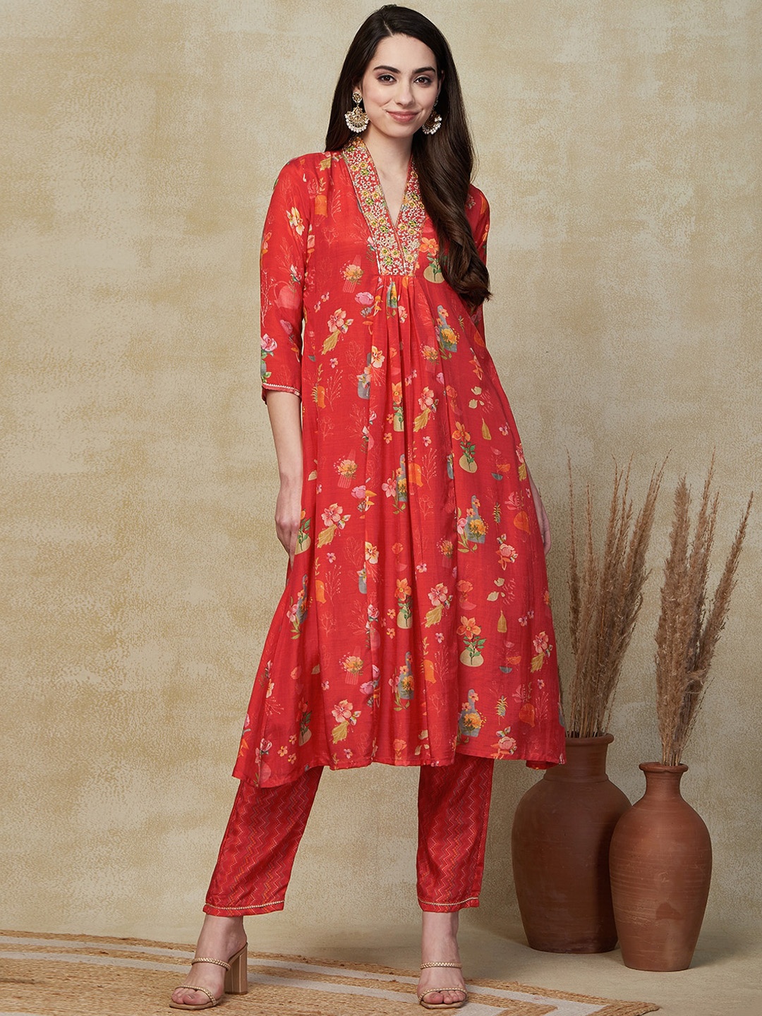

FASHOR V Neck Floral Printed Pleated Sequinned A Line Kurta with Trouser, Red