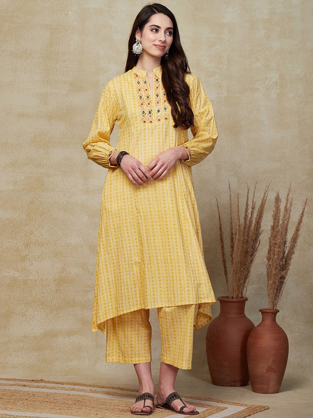 

FASHOR Yellow Ethnic Motifs Printed Regular Mirror Work Pure Cotton Kurta With Palazzos