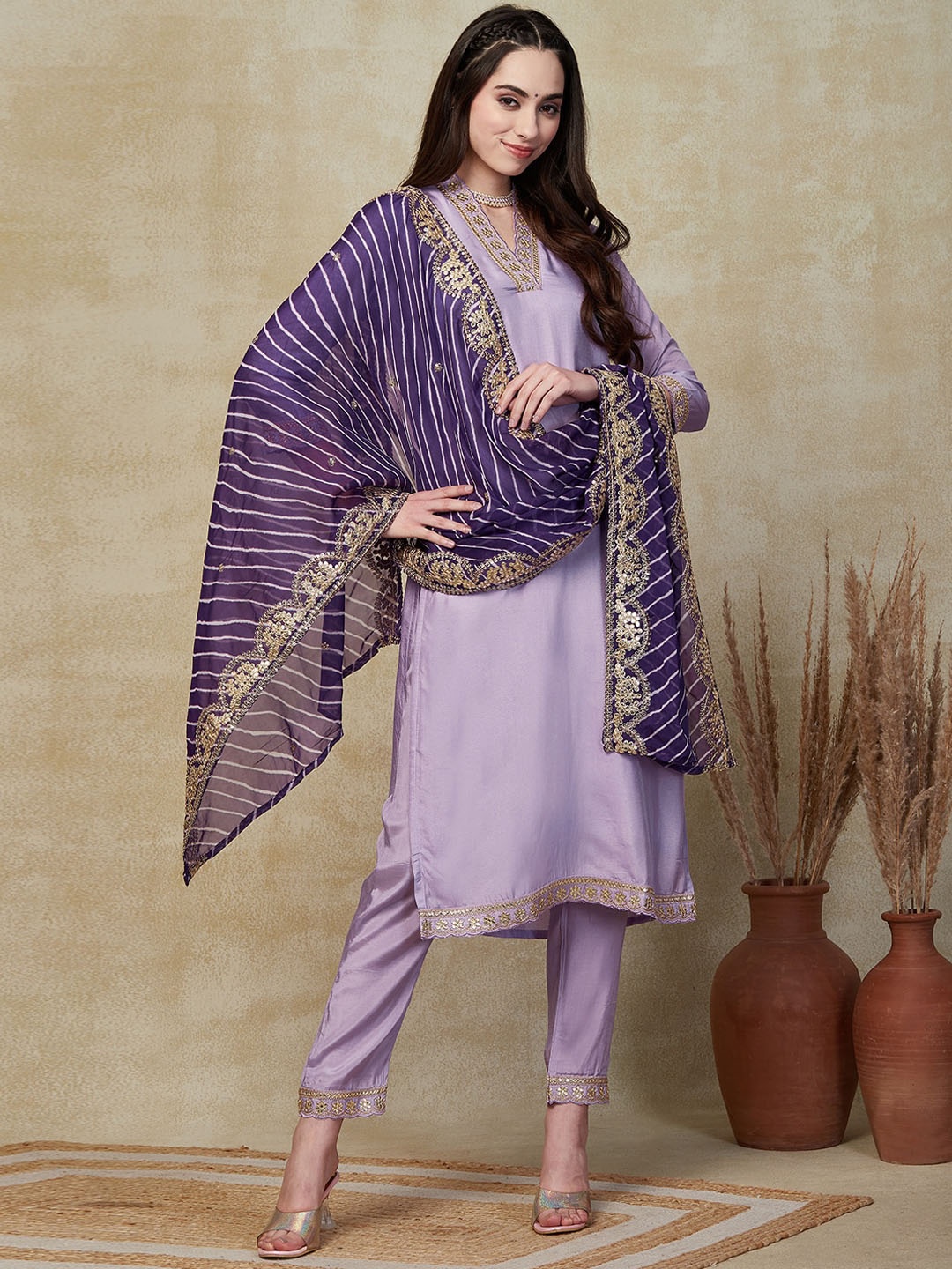 

FASHOR Embroidered V-Neck Straight Kurta with Trousers & Dupatta, Purple