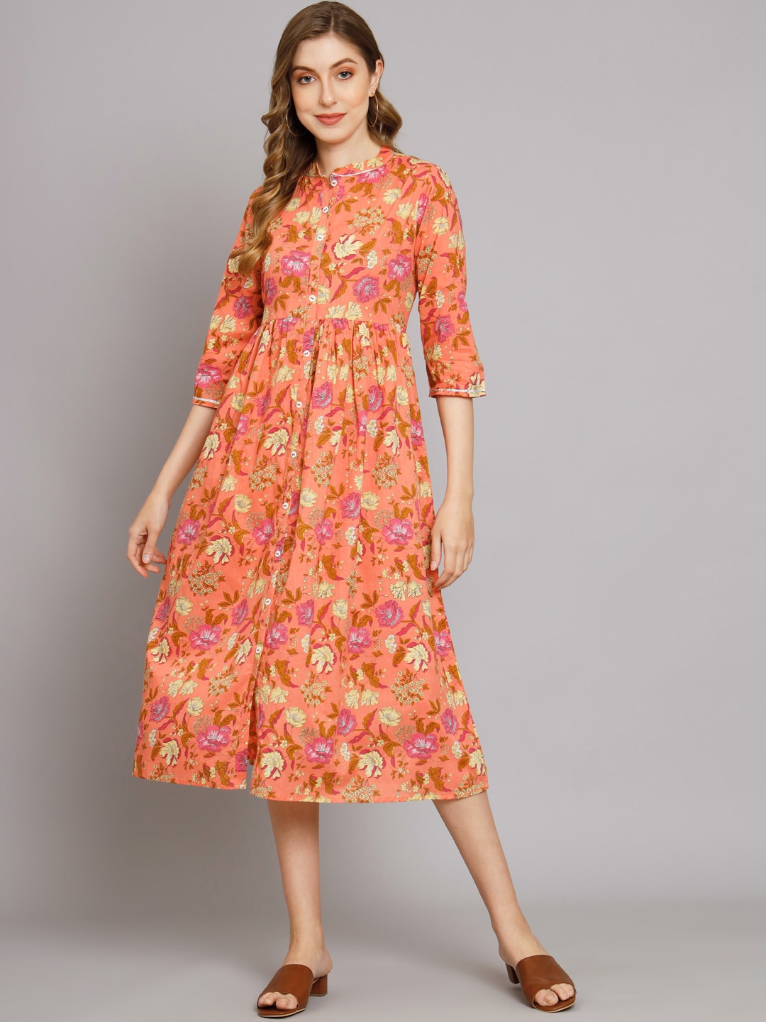 

KALINI Floral Printed Mandarin Collar Cotton A-Line Midi Dress, Peach