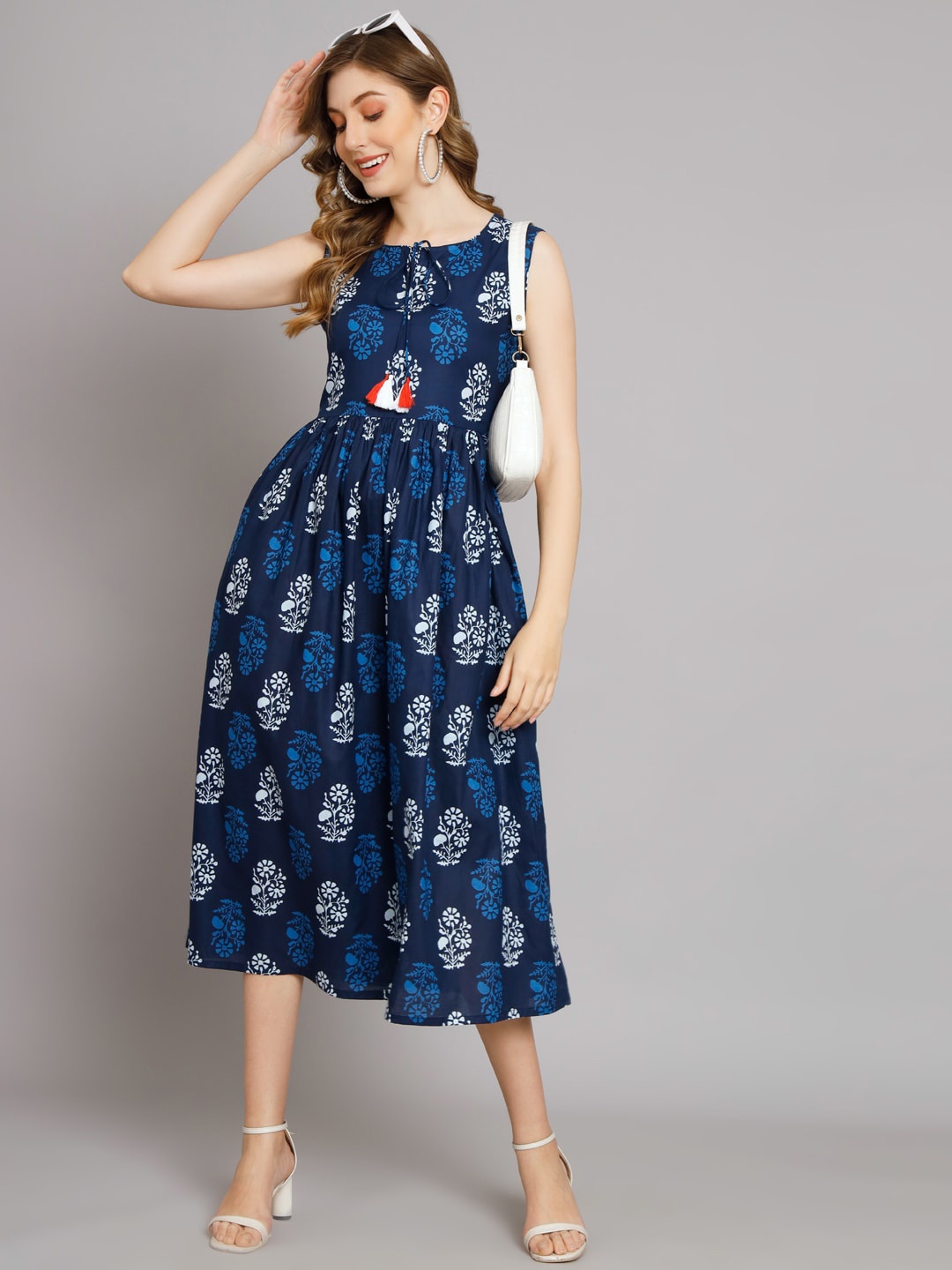 

KALINI Ethnic Motifs Printed Tie-Up Neck Fit & Flare Midi Dress, Blue