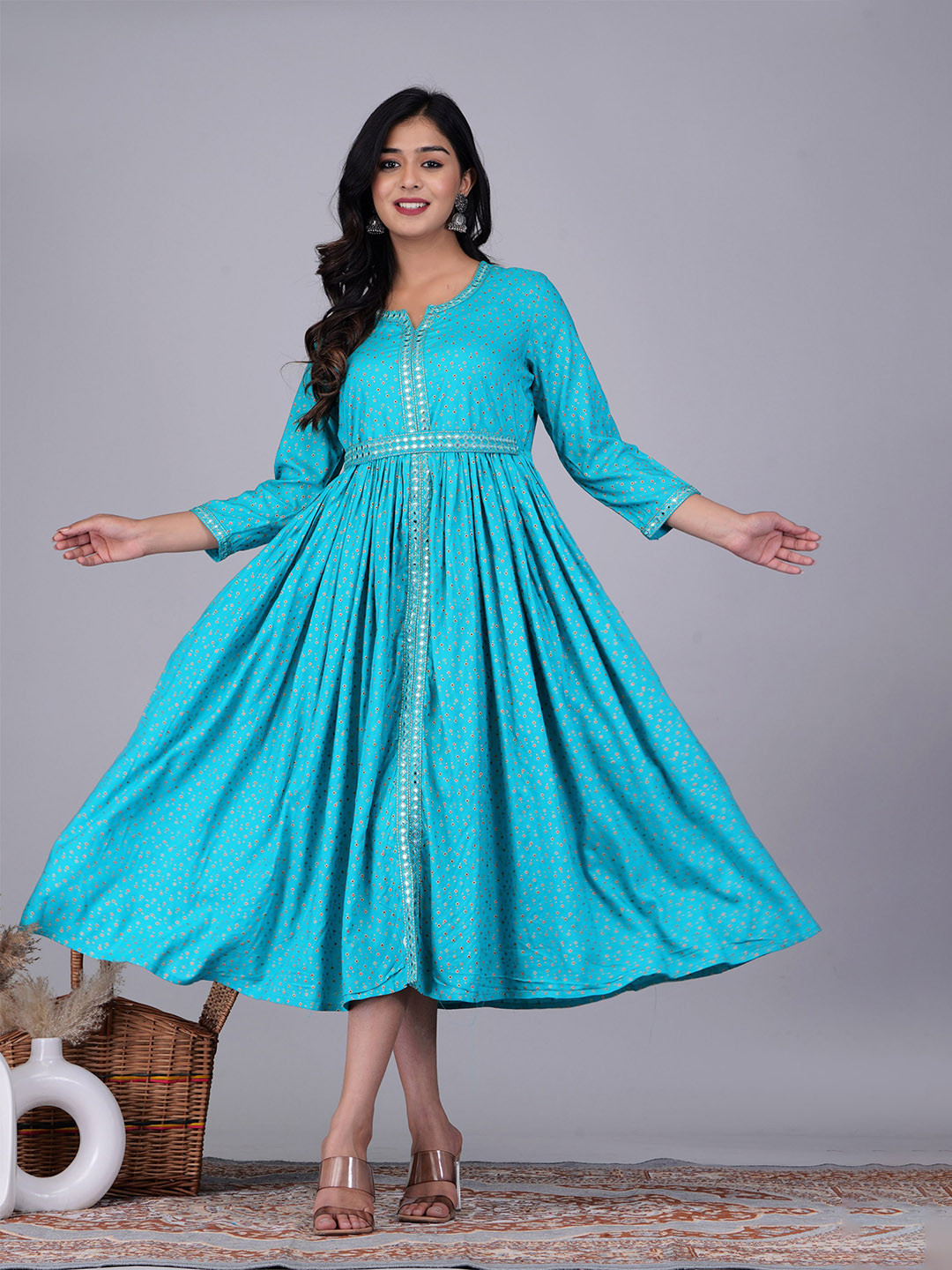 

BAESD Polka Dot Printed Mirror Work Midi Dress, Blue