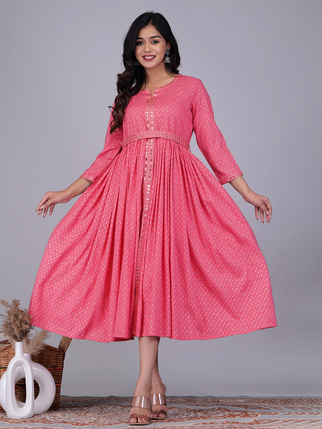 

BAESD Ethnic Motifs Printed A-Line Midi Dress, Pink
