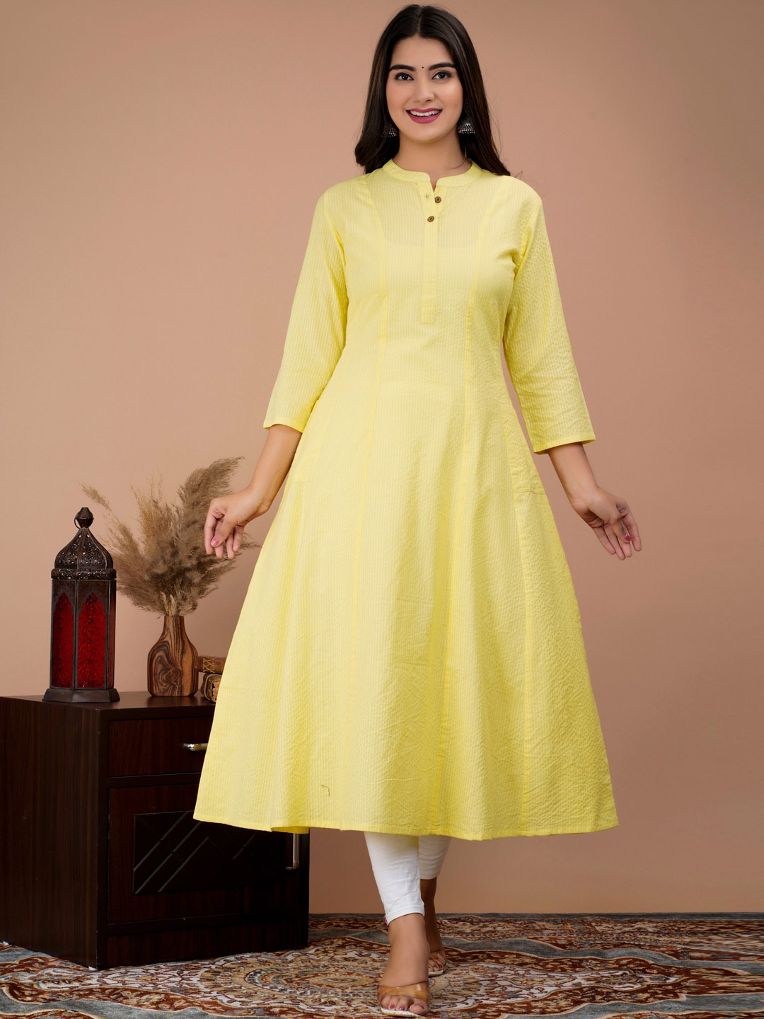 

BAESD Mandarin Collar Striped Pure Cotton A-line Kurta, Yellow