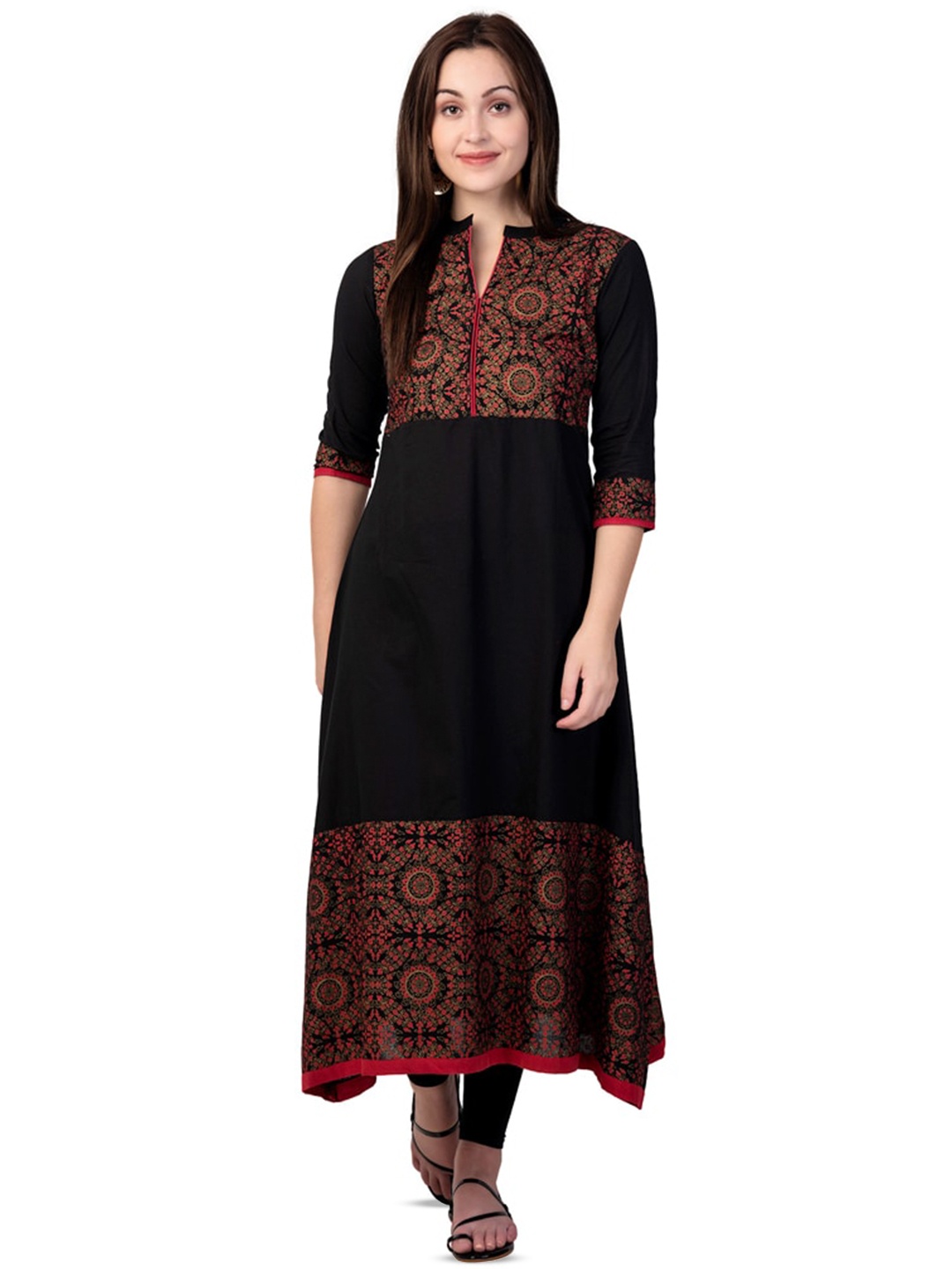 

BAESD Ethnic Motifs Printed Mandarin Collar Maxi Dress, Black