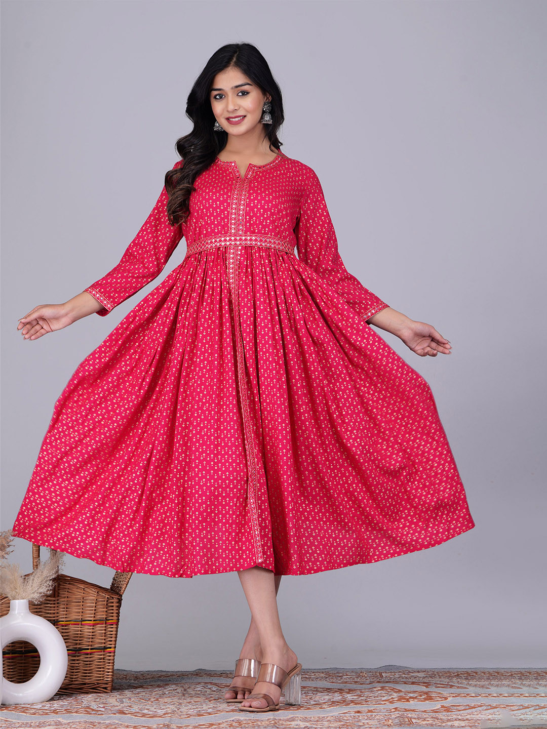 

BAESD Ethnic Motifs Printed A-Line Midi Dress, Red