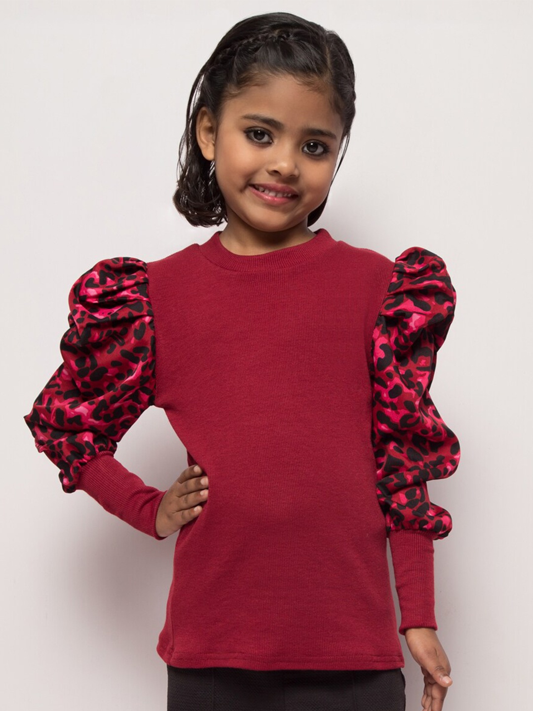 

BAESD Girls Puff Sleeves Round Neck Crepe Top, Maroon