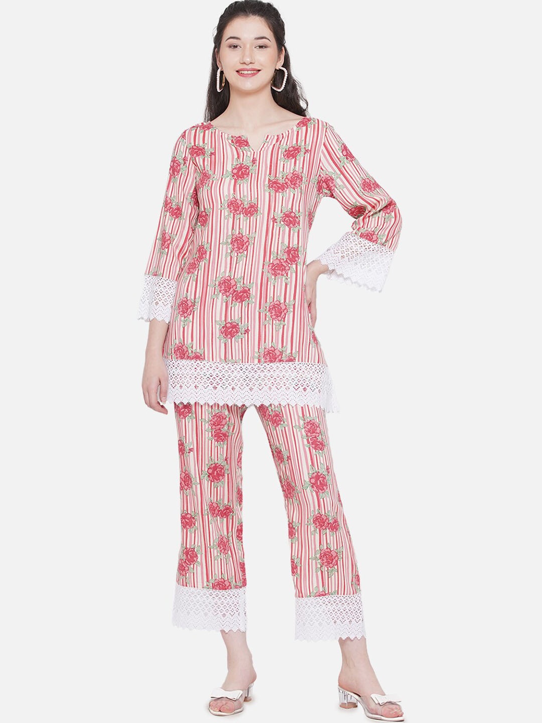 

KALINI Floral Printed Bell Sleeve Lace Tunic With Trouser, Pink