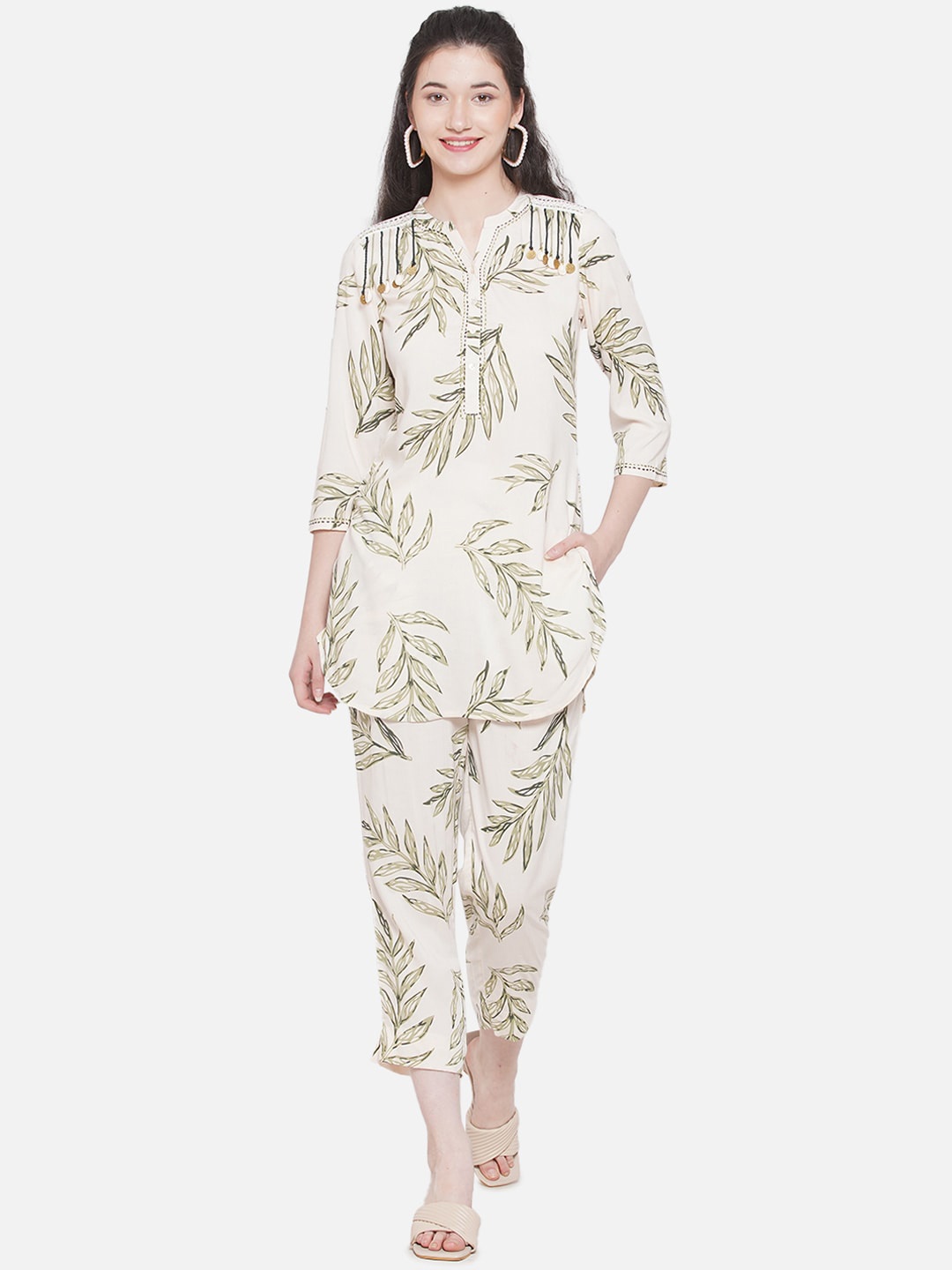 

KALINI Floral Printed Mandarin Collar Tunic & Trousers, Cream