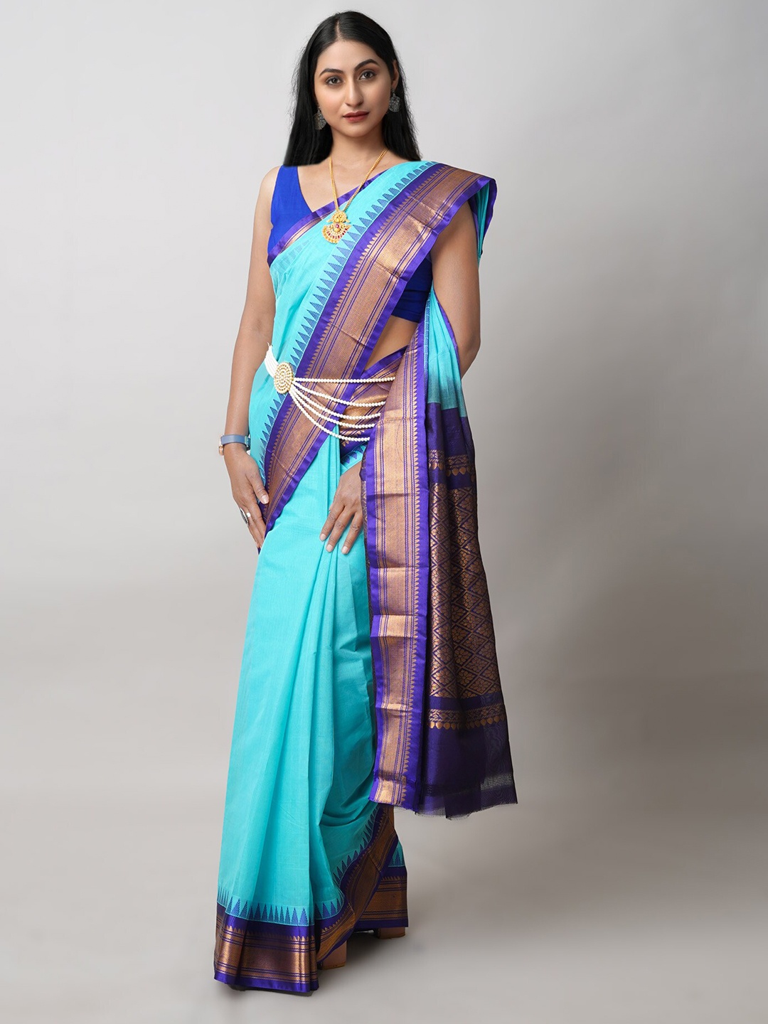 

Unnati Silks Zari Pure Cotton Handloom Gadwal Saree, Blue