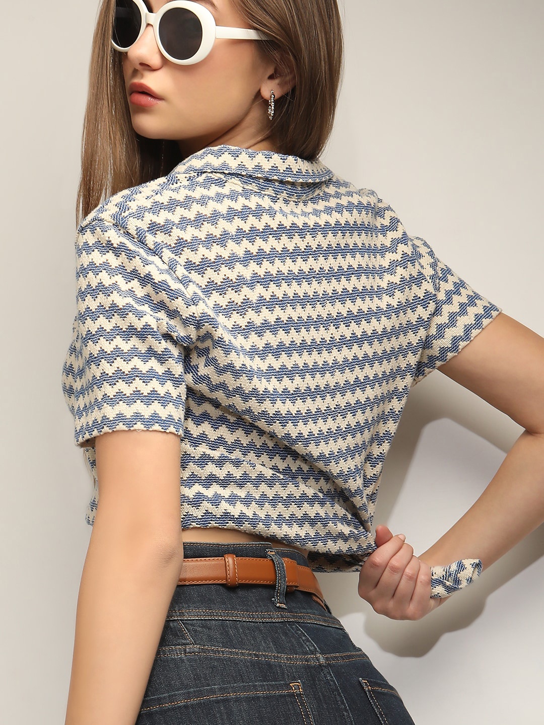 

Vero Moda Shirt Collar Geometric Printed Cotton Top, Blue