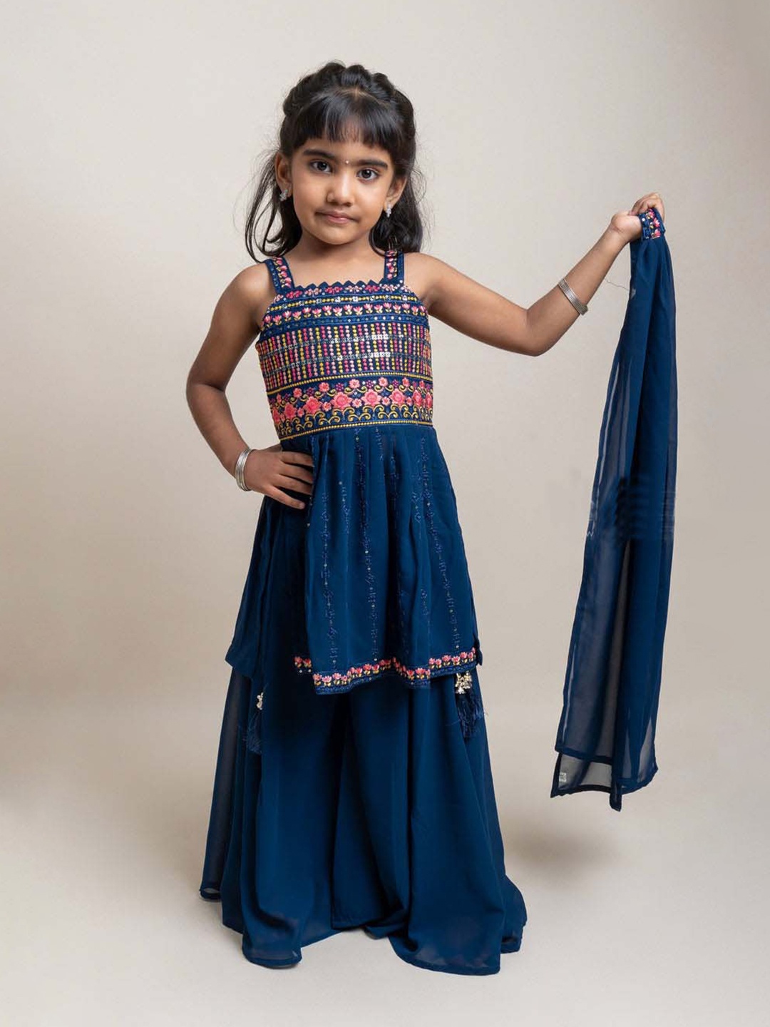 

BAESD Girls Square Neck Shoulder Straps Ethnic Motifs A Line Kurta with Palazzos & Dupatta, Blue