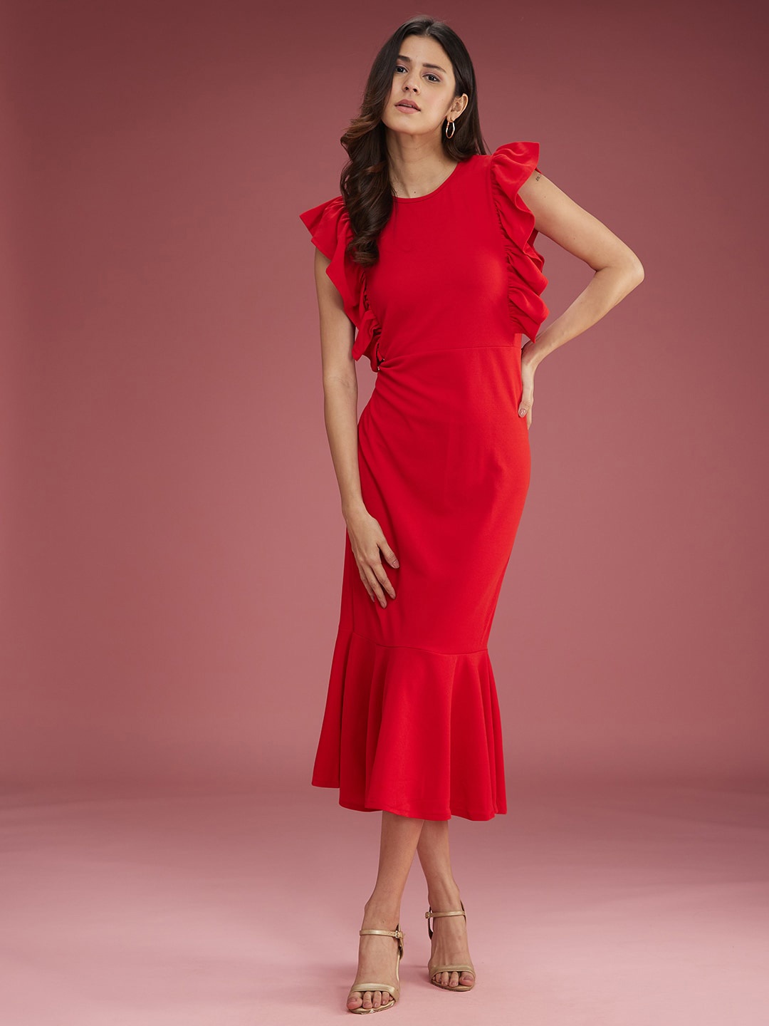 

DressBerry Red Flutter Sleeve Sheath Midi Dress