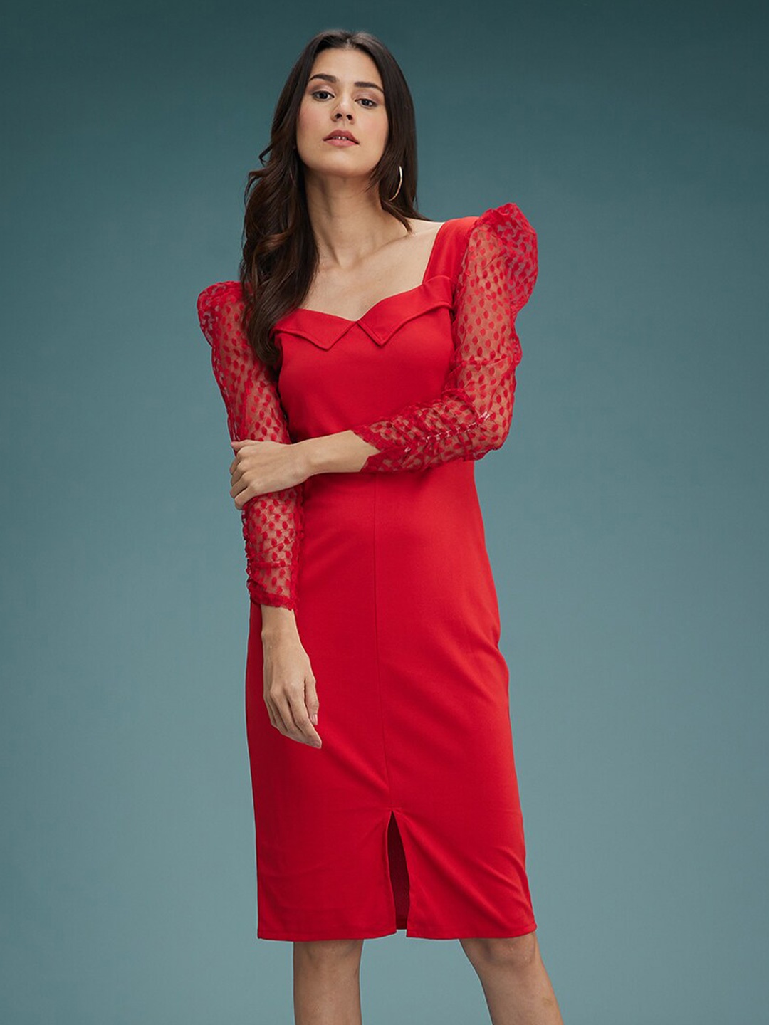 

DressBerry Red Puff Sleeves Sheath Dress