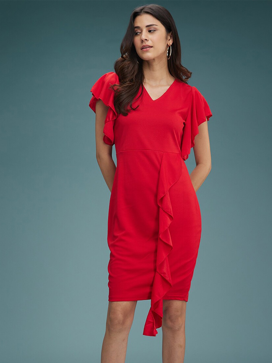 

DressBerry Red Flared Sleeves Ruffled Sheath Dress