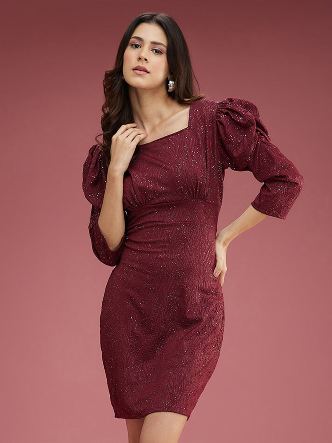 

DressBerry Maroon Self Design Sheath Dress