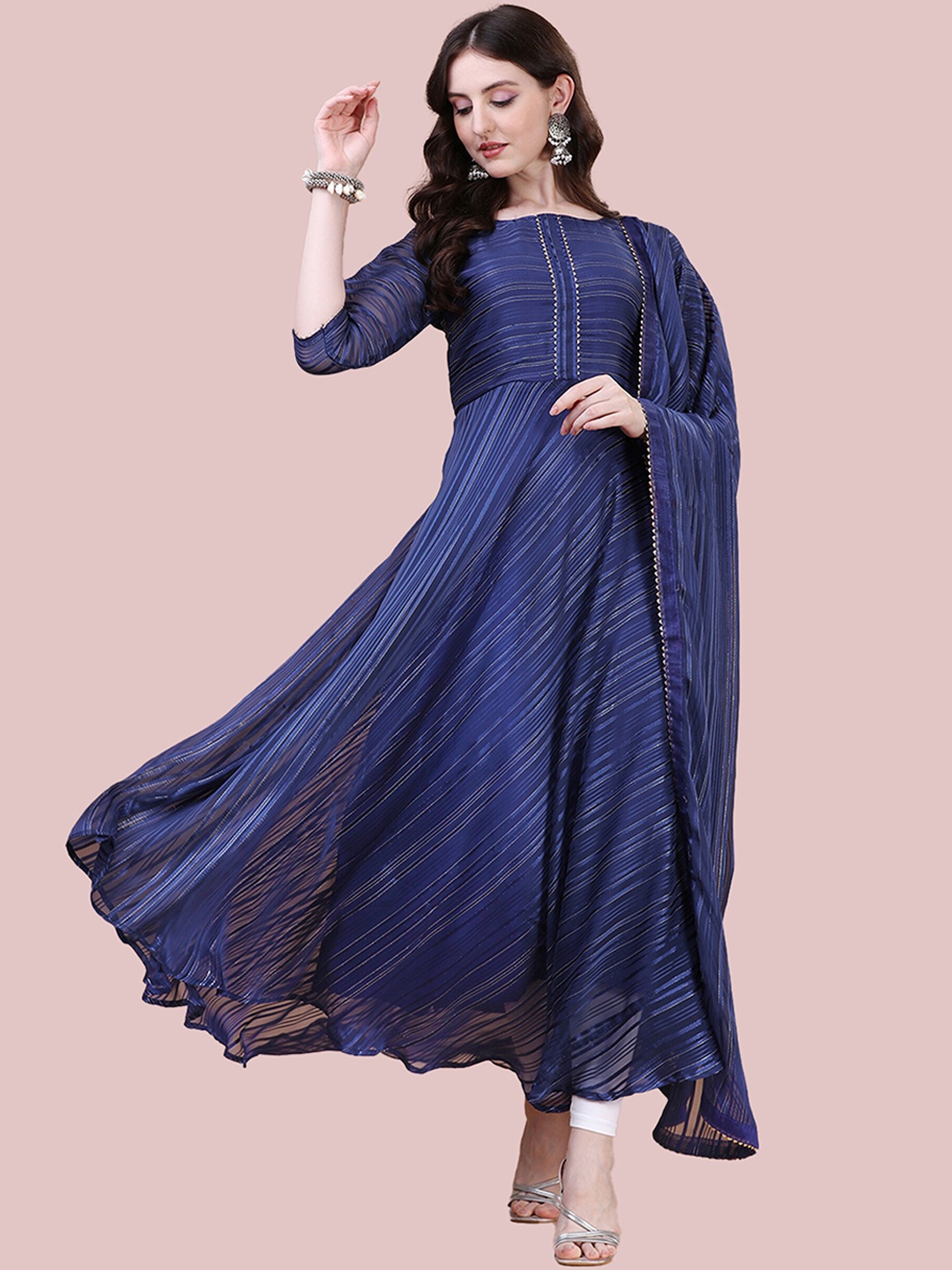 

N N ENTERPRISE Striped Regular Silk Georgette Zari Anarkali Kurta With Trousers & Dupatta, Blue