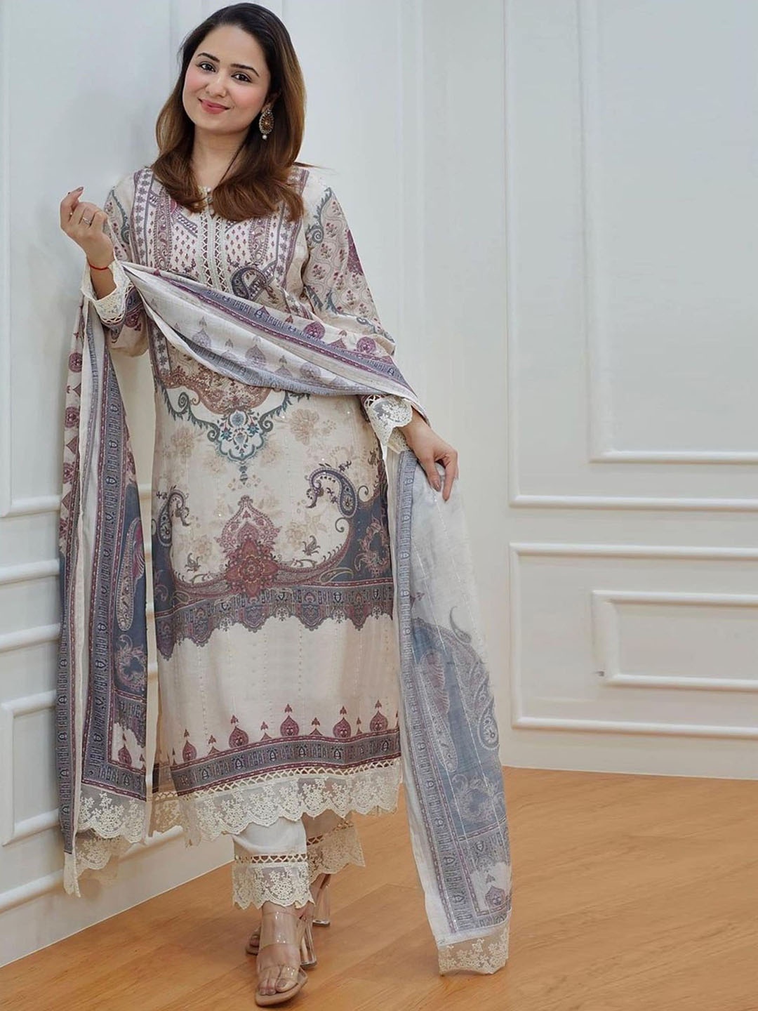 

KALINI Ethnic Motifs Notch Neck Regular Sleeves Thread Work Kurta With Trousers & Dupatta, White