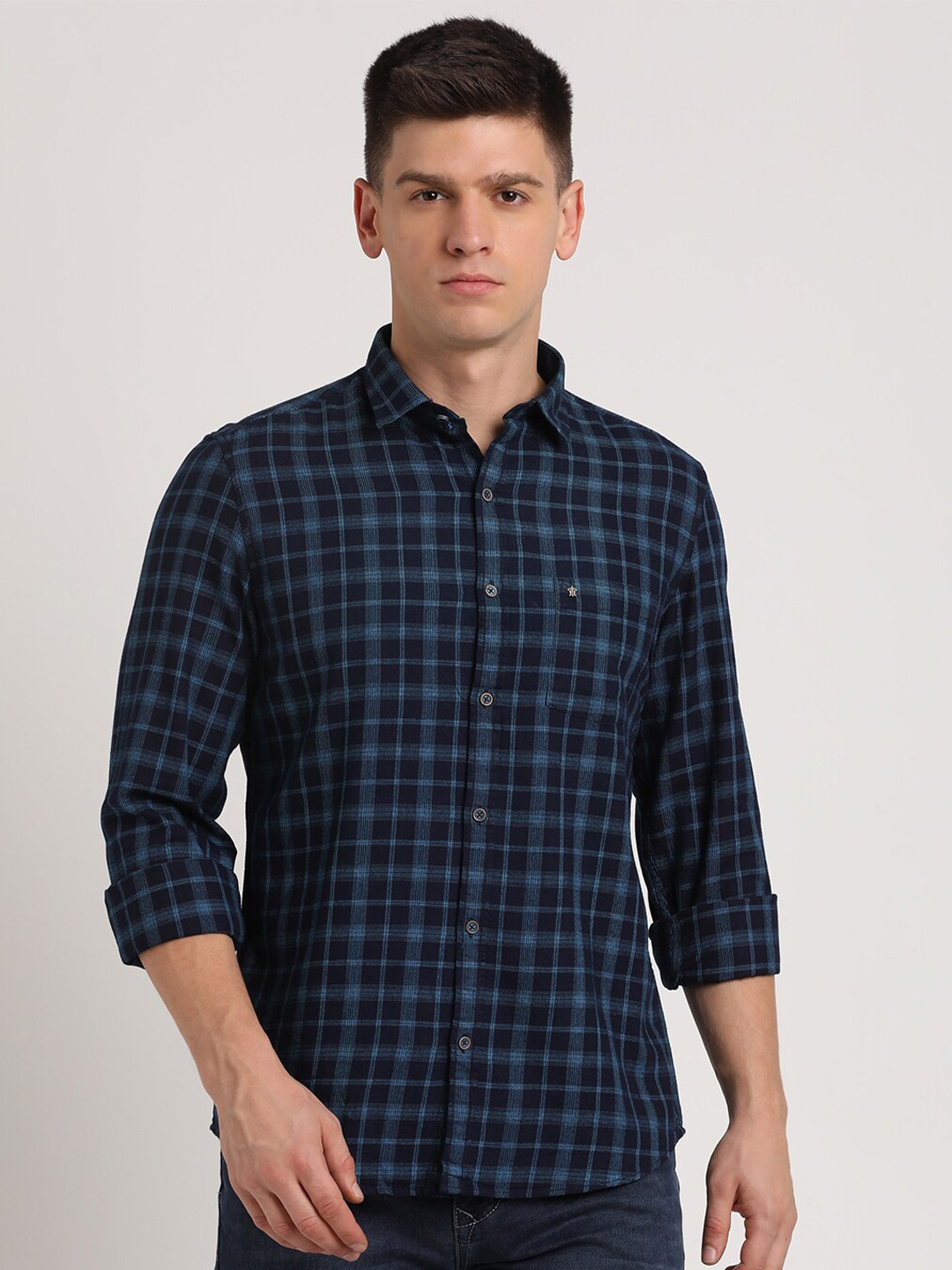 

Turtle Relaxed Slim Fit Tartan Checked Pure Cotton Casual Shirt, Navy blue