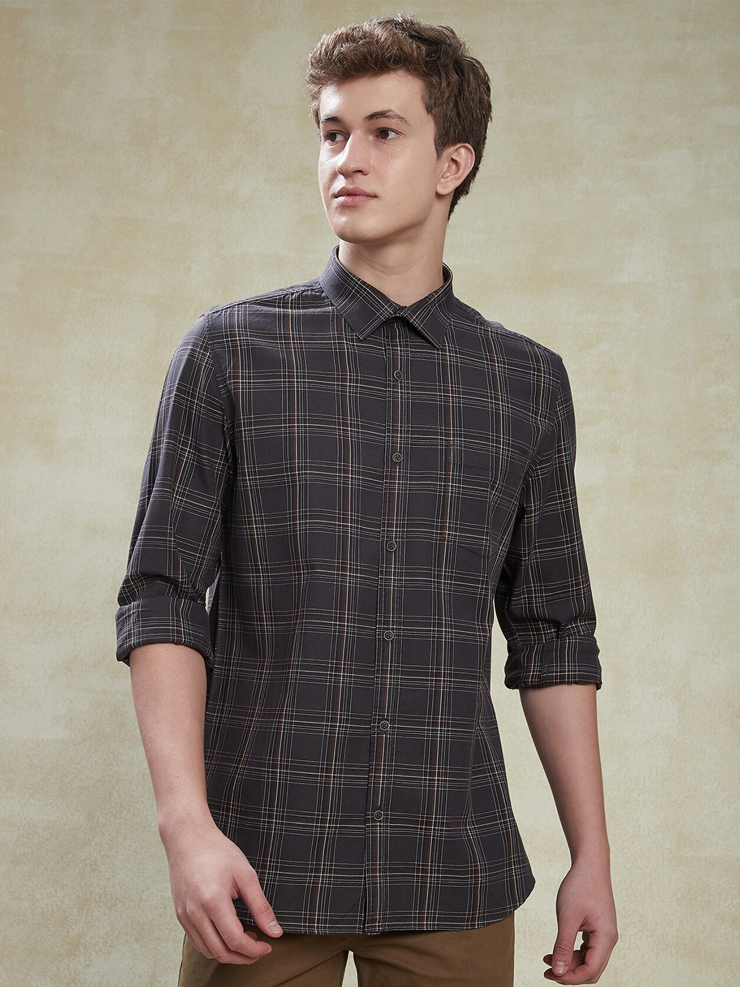 

Turtle Relaxed Slim Fit Tartan Checked Spread Collar Pure Cotton Casual Shirt, Grey