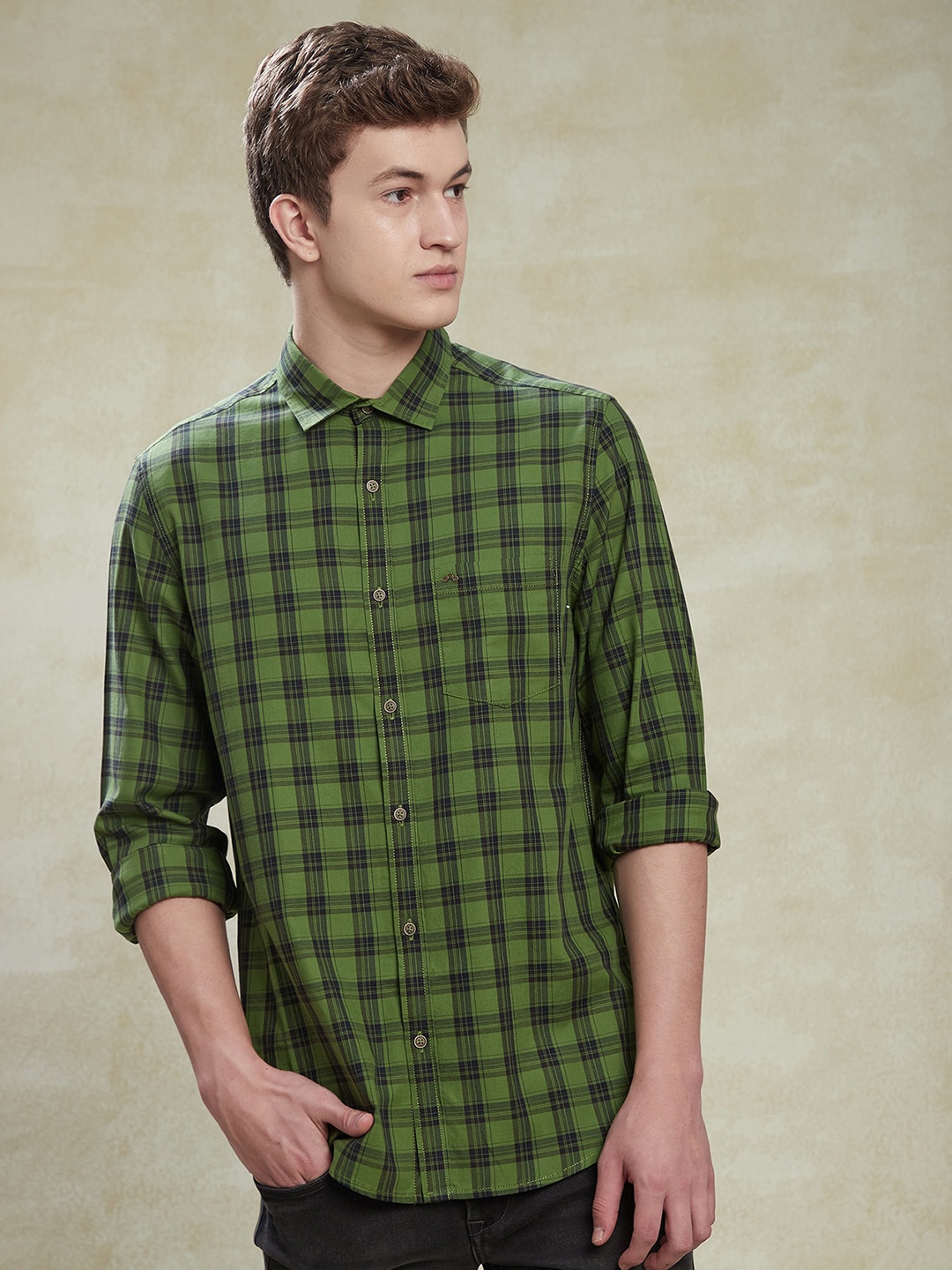 

Turtle Relaxed Slim Fit Tartan Checked Pure Cotton Casual Shirt, Green