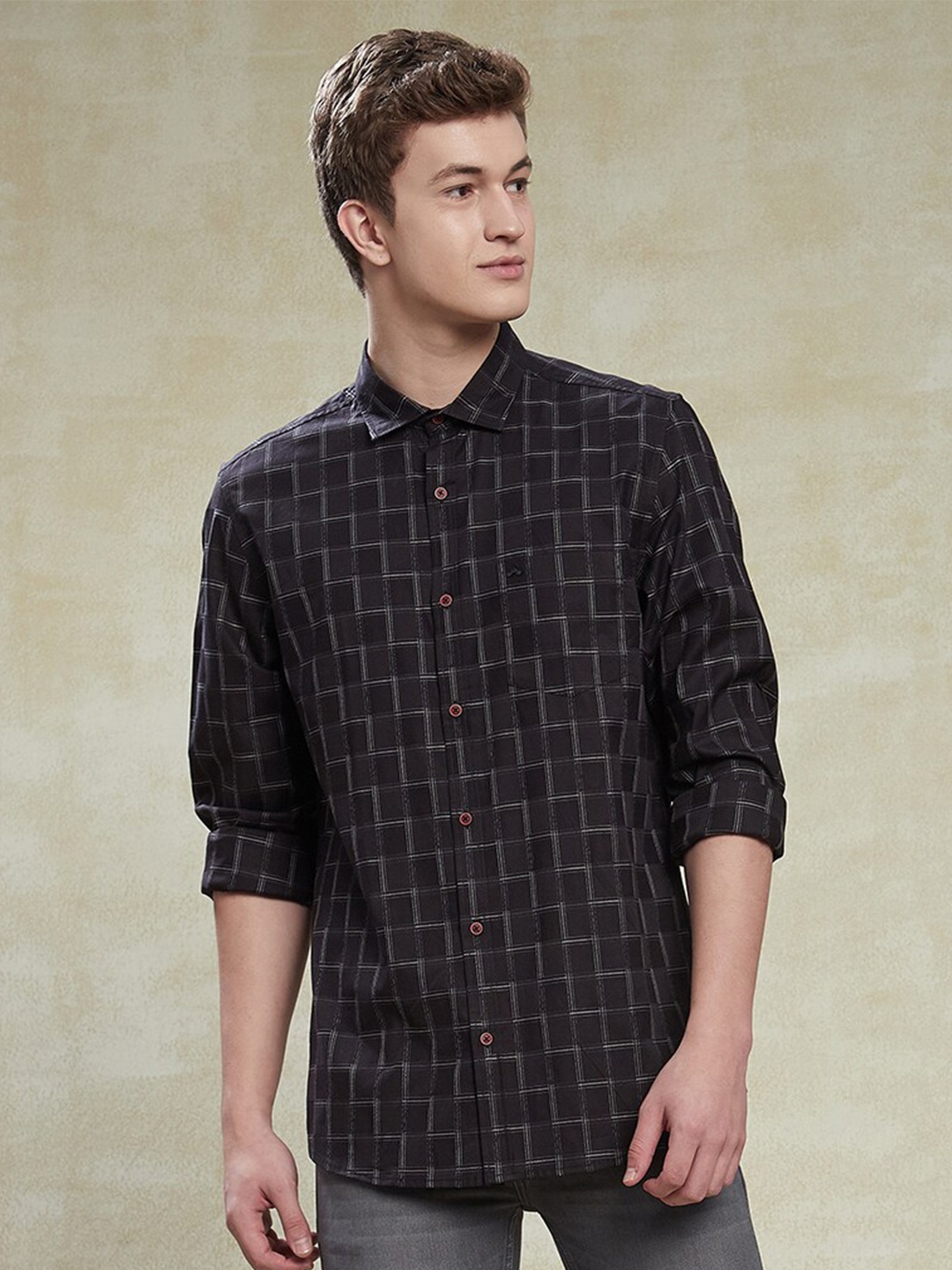 

Turtle Relaxed Slim Fit Checked Pure Cotton Casual Shirt, Black